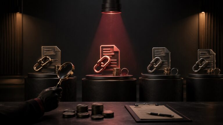 Quatre offres de backlinks sur des socles, dont une examinée à la loupe sous un éclairage rouge