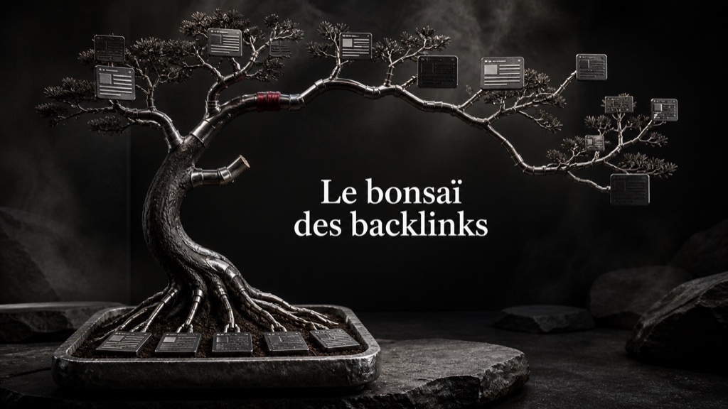 Bonsaï mécanique dont les racines et les branches relient des pages sources à des pages cibles.