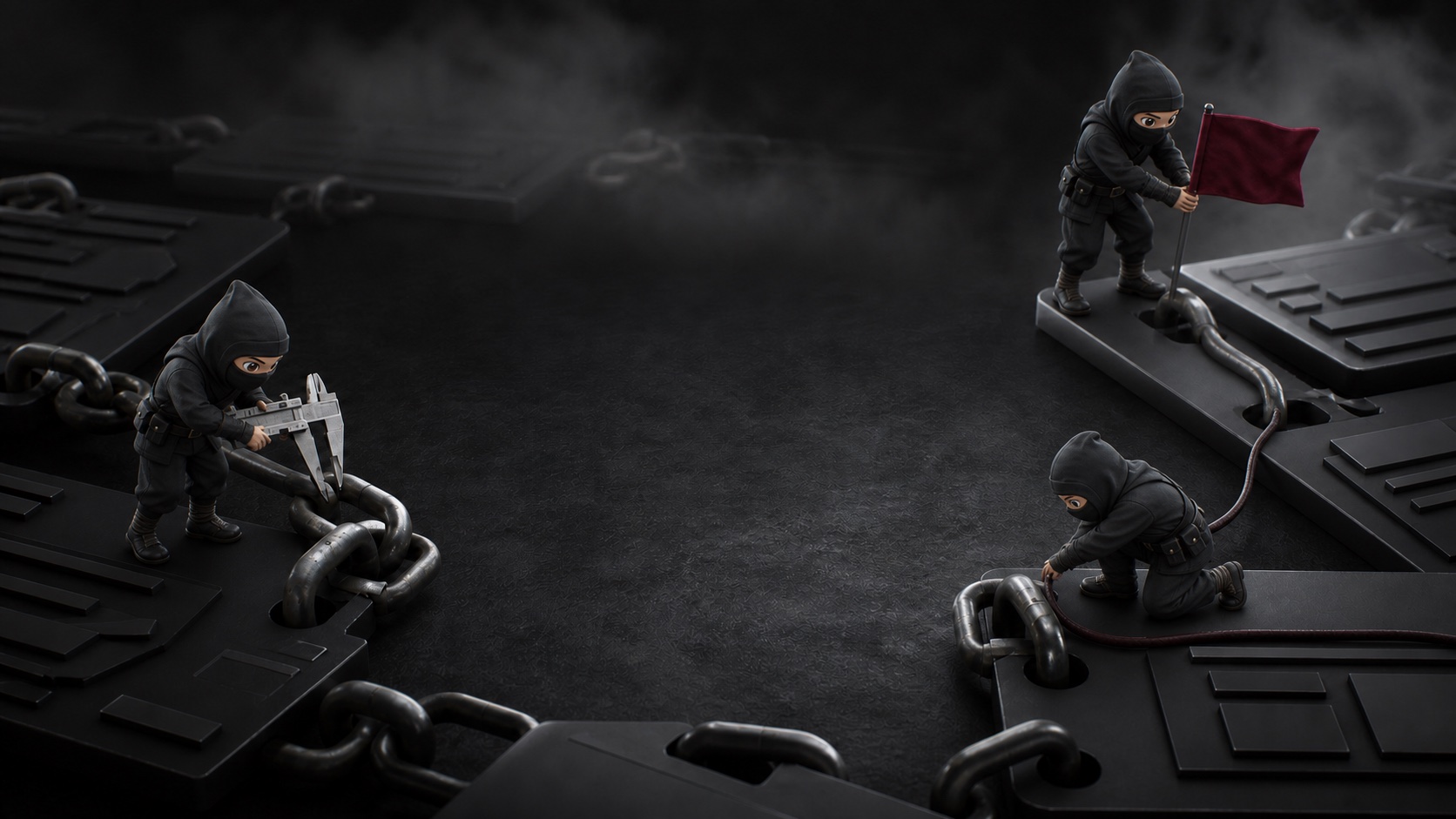 Trois ninjas miniatures inspectent les connexions d’un réseau de pages métalliques.