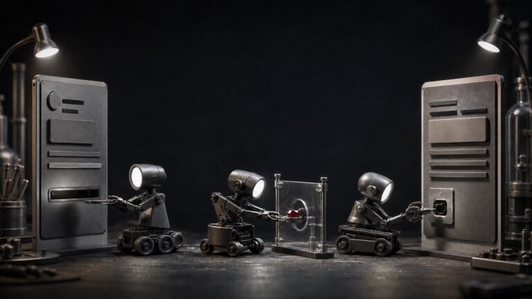 Trois robots relayant un jeton bordeaux entre une page source et une page cible.
