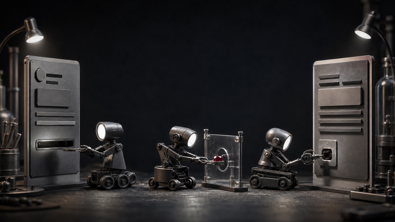 Trois robots relayant un jeton bordeaux entre une page source et une page cible.