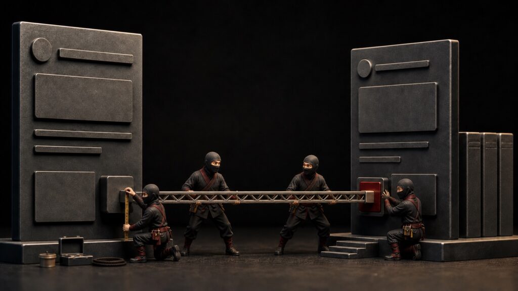 Quatre ninjas miniatures installent une passerelle entre une page source et une page cible.
