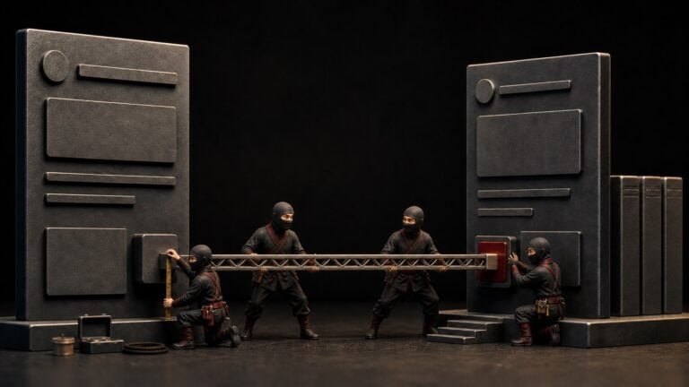 Quatre ninjas miniatures installent une passerelle entre une page source et une page cible.