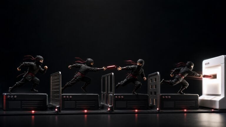 Quatre ninjas se transmettant un connecteur rouge entre plusieurs étapes jusqu’à une page cible