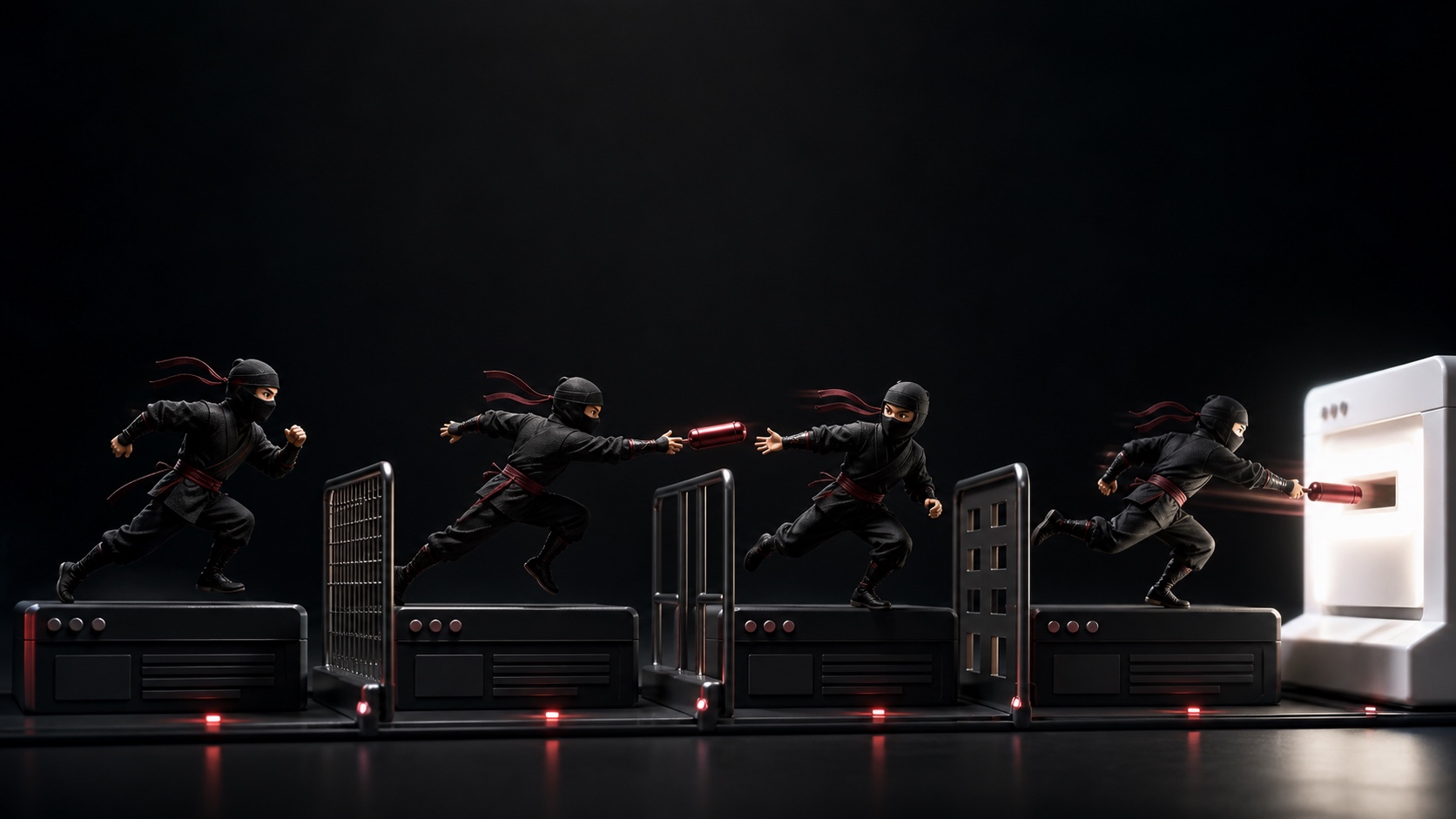 Quatre ninjas se transmettant un connecteur rouge entre plusieurs étapes jusqu’à une page cible