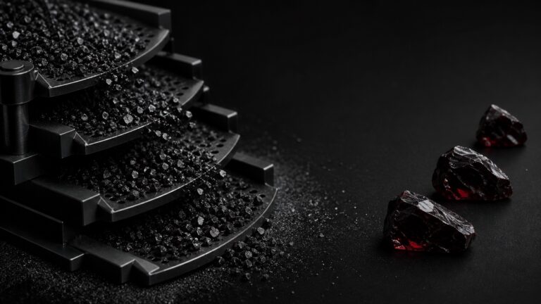 Un tamis noir filtre de nombreux fragments et conserve trois éléments bordeaux.
