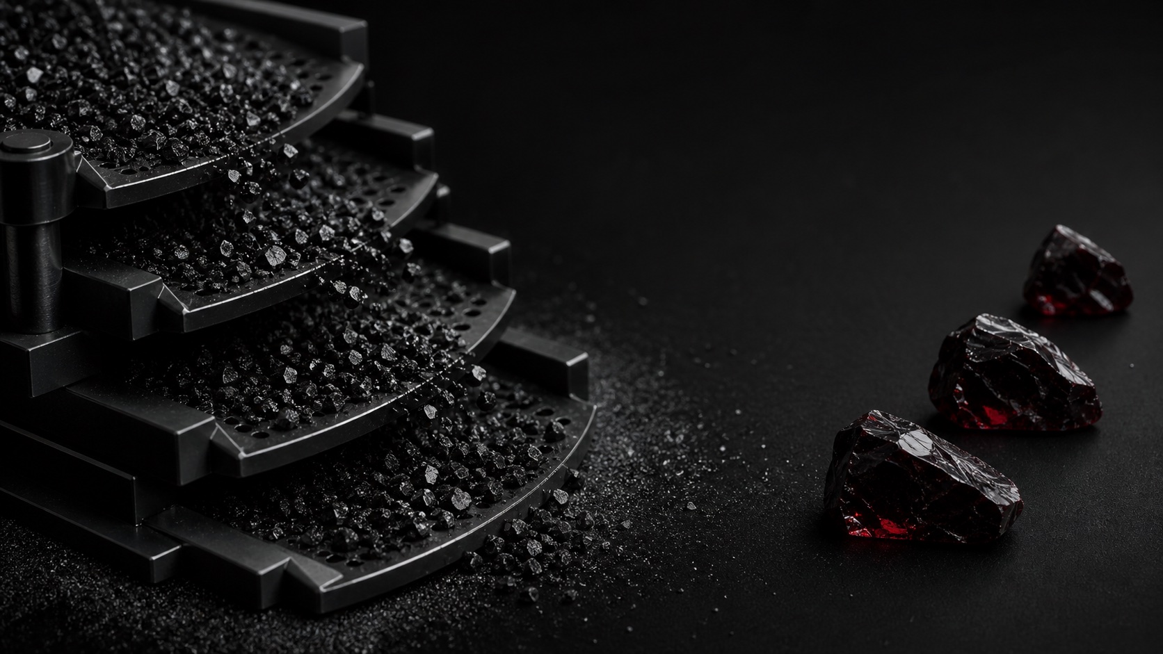 Un tamis noir filtre de nombreux fragments et conserve trois éléments bordeaux.